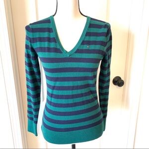 TOMMY HILFIGER Striped V-Neck Sweater—SZ. XS